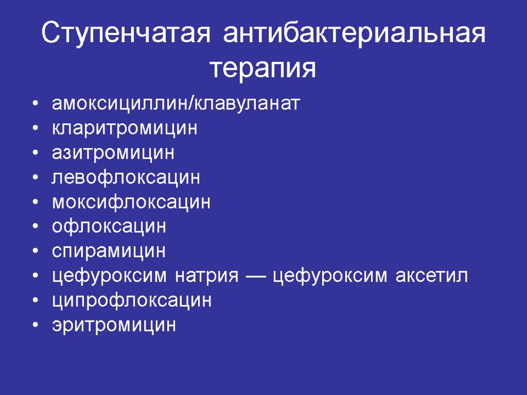 Ступенчатая антибактериальная терапия амоксициллин/клавуланат кларитромицин азитромицин левофлоксацин моксифлоксацин офлоксацин спирамицин цефуроксим натрия — цефуроксим